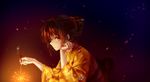  adjusting_hair brown_eyes brown_hair fireworks hair_bun hair_ornament hibike!_euphonium japanese_clothes kimono long_hair looking_away night nose orange_kimono oumae_kumiko profile senkou_hanabi sideways_glance solo sparkler squatting sworgun yukata 