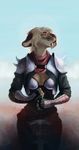  anthro armor clothed clothing fangs feline female fur hair mammal melee_weapon reykat simple_background solo standing sword teeth weapon wide_hips 