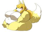  belly big_belly big_breasts blonde_hair breasts canine digital_media_(artwork) featureless_breasts featureless_crotch female fox fur fuyusen hair hair_over_eye huge_breasts invalid_tag long_hair looking_at_viewer mammal obese orange_eyes overweight plantigrade ponytail simple_background sitting smile thick_thighs white_background white_belly yellow_eyes yellow_fur yosioka_san 