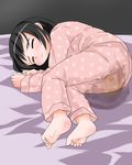  barefoot bed bedwetting black_hair child hoono_yurumu pajamas peeing peeing_self pink_pants pink_shirt short_hair sleeping tagme 