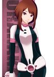  bodysuit boku_no_hero_academia breasts brown_eyes brown_hair character_name highres large_breasts looking_at_viewer short_hair smile solo uraraka_ochako yutoumi 