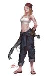 artstation_sample bandana blonde_hair breasts brown_gloves cleavage clothes_around_waist dirty full_body fullmetal_alchemist gloves holding image_sample in-hyuk_lee long_hair medium_breasts midriff navel pants pants_rolled_up realistic sandals shirt_around_waist solo standing strapless tubetop winry_rockbell wrench 