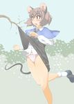  animal_ears bare_legs black_dress blush bobby_socks brown_eyes capelet commentary_request dress dress_lift dress_shirt eyebrows grey_hair highres long_sleeves mepikari mouse_ears mouse_tail nazrin panties pantyshot pink_panties shirt short_hair socks solo surprised tail thick_eyebrows touhou underwear 