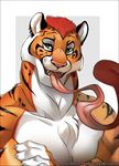  anthro feline long_tongue looking_at_viewer male mammal melloque muscular nude open_mouth smile solo tiger tongue tongue_out 