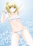  :&lt; absurdres adjusting_clothes adjusting_swimsuit ass_visible_through_thighs bikini blonde_hair breasts dutch_angle groin highres hikaru_ga_chikyuu_ni_itakoro looking_at_viewer medium_breasts navel shikibu_honoka side-tie_bikini solo strap_gap striped striped_bikini swimsuit yellow_eyes yoiwa 