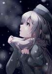  bangs black_gloves blue_eyes breath cropped_jacket eyebrows eyebrows_visible_through_hair eyelashes from_side garrison_cap gloves hat highres kantai_collection long_hair looking_up nicoby profile scarf silver_hair snowing solo u-511_(kantai_collection) upper_body white_scarf winter 