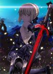  artoria_pendragon_(all) blonde_hair breasts dark_excalibur dress elbow_gloves fate/stay_night fate_(series) gloves high_heels kneeling looking_at_viewer looking_back saber_alter sideboob small_breasts solo thighhighs tsuyadashi_shuuji yellow_eyes 