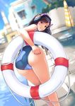  ass brown_eyes brown_hair commentary d.va_(overwatch) dutch_angle lifebuoy long_hair looking_at_viewer looking_back overwatch phandit_thirathon signature smile solo swimsuit thighs whisker_markings 