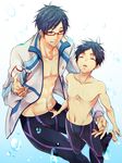  adonis_belt air_bubble blue_hair bubble child closed_eyes closed_mouth dual_persona eyewear_removed free! glasses groin holding holding_eyewear jacket legskin light_smile looking_at_another male_focus male_swimwear multiple_boys navel nekoshiro nipples open_clothes open_jacket open_mouth red-framed_eyewear ryuugazaki_rei semi-rimless_eyewear shirtless smile submerged swimwear time_paradox under-rim_eyewear underwater 