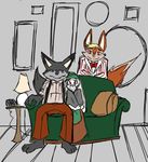  2016 anthro blue_eyes canine cheek_tuft clothed clothing disney female fox group lagomorph looking_at_viewer male mammal phone rabbit red_eyes smile sofa thephantombeyond tuft zootopia 