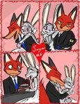  &lt;3 2016 anthro blush cake canine cheek_tuft clothed clothing disney dress duo english_text female food fox hug judy_hopps kissing lagomorph male male/female mammal nick_wilde pink_background rabbit ring simple_background smile suit text thephantombeyond tuft wedding_dress wedding_ring zootopia 