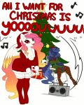  2018 absurd_res animated anthro blue_hair boombox breasts chair christmas christmas_tree cleavage clothed clothing crossed_arms dancing digital_media_(artwork) duo english_text equine evehly feathered_wings feathers female friendship_is_magic gift hair hat hi_res holidays horn legwear long_hair looking_at_viewer loop mammal multicolored_feathers multicolored_hair multicolored_tail musical_note my_little_pony open_mouth princess_celestia_(mlp) princess_luna_(mlp) santa_hat sibling simple_background sisters sitting smile striped_legwear stripes text tree white_background winged_unicorn wings 