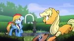  2016 applejack_(mlp) blonde_hair blue_feathers blue_fur cloud cowboy_hat darkflame75 duo earth_pony equine eye_contact feathered_wings feathers female feral friendship_is_magic fur grass green_eyes hair hat horse mammal multicolored_hair my_little_pony orange_fur outside pegasus pony purple_eyes rainbow rainbow_dash_(mlp) rainbow_hair tree wings 