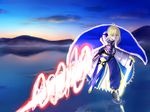  armor artoria_pendragon_(all) avalon_(fate/stay_night) bad_id bad_pixiv_id blonde_hair breastplate cape energy_weapon fate/stay_night fate_(series) fur-trimmed_cape fur_trim green_eyes highres reflection saber short_hair solo standing standing_on_liquid type-moon water weapon yuu_(4884411) 
