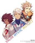  1boy 2girls androgynous blanche_(pokemon) blonde_hair blue_eyes brown_eyes candela_(pokemon) dark_skin gloves highres looking_back multiple_girls orange_gloves pokemon pokemon_go ponytail red_eyes spark_(pokemon) team_instinct team_mystic team_valor tecchen turtleneck twitter_username upper_body watermark white_hair yellow_eyes 