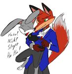  2016 anthro canine carrying cheek_tuft clothed clothing disney duo english_text female fox judy_hopps lagomorph laugh male mammal nick_wilde police_uniform rabbit simple_background suit text thephantombeyond tickling tuft uniform white_background zootopia 