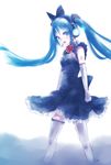  aqua_eyes aqua_hair bow dress elbow_gloves gloves hair_bow hatsune_miku headset highres kowiru long_hair looking_at_viewer solo thighhighs twintails vocaloid 