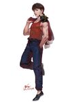  artist_name artstation_sample brown_hair covered_navel full_body hand_in_pocket hibiki_ryouga image_sample in-hyuk_lee jacket_over_shoulder male_focus mouth_hold muscle p-chan pig ponytail ranma_1/2 realistic saotome_ranma signature standing standing_on_one_leg tank_top 