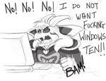  2016 anthro asriel_dreemurr black_and_white black_sclera boss_monster caprine cloak clothed clothing computer darkpenguin delta_rune english_text fangs fur goat horn keyboard line_art locket long_ears mammal microsoft monochrome open_mouth profanity simple_background solo text undertale video_games white_fur 