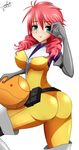  1girl aqua_eyes artist_request ass belt blush bodysuit boots breasts elbow_gloves feldt_grace gloves gundam gundam_00 haro large_breasts long_hair looking_at_viewer pink_hair robot shiny shiny_clothes shiny_hair simple_background skin_tight smile solo thigh_boots white_background 