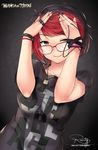  absurdres ashley_rosemarry black_eyes black_hair black_nails black_shirt character_name clothes_writing glasses highres kopianget looking_at_viewer multicolored_hair nail_polish red-framed_eyewear red_hair shirt short_hair short_sleeves signature solo stayblack t-shirt 