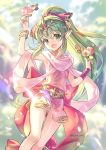  1girl bracelet cape chiki circlet dragon dress fire_emblem fire_emblem:_monshou_no_nazo green_eyes green_hair jewelry long_hair mamkute midori_fuu nintendo open_mouth pink_dress pink_legwear pointy_ears ponytail short_dress side_slit smile solo tiara 