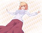  :d antenna_hair arcueid_brunestud auru_t blonde_hair blush breasts cowboy_shot eyebrows eyebrows_visible_through_hair hair_intakes long_skirt long_sleeves looking_at_viewer medium_breasts open_mouth outstretched_arms polka_dot polka_dot_background purple_skirt red_eyes red_skirt short_hair sidelocks skirt smile solo spread_arms tsukihime turtleneck 