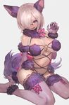  animal_ears blush bow breasts dangerous_beast elbow_gloves fang fate/grand_order fate_(series) fur_trim glasses gloves hair_over_one_eye halloween_costume highres lack large_breasts looking_at_viewer mash_kyrielight open_mouth purple_eyes purple_gloves purple_hair purple_legwear revealing_clothes short_hair simple_background sitting solo tail thighhighs wariza wolf_ears wolf_tail 