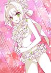  ahoge bikini_bottom cherry_blossoms cowboy_shot dutch_angle fate/extra fate/extra_ccc fate_(series) floral_background flower_wreath green_eyes hair_intakes hair_ribbon hands_together head_wreath kettle21 limited_palette looking_at_viewer nero_claudius_(bride)_(fate) nero_claudius_(fate)_(all) ribbon solo topless 