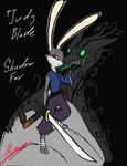  2016 anthro black_background canine cheek_tuft clothed clothing disney duo english_text fox green_eyes holding_object holding_weapon judy_hopps lagomorph looking_at_viewer mammal melee_weapon rabbit simple_background sword text thephantombeyond tuft weapon zootopia 