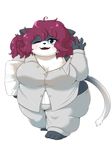  big_breasts breasts clothing digital_media_(artwork) feline female fur grey_fur hair looking_at_viewer mammal obese one_eye_closed open_mouth overweight pajamas plantigrade purple_hair simple_background smile standing thick_thighs underwear walking wave white_background white_belly wide_hips yosioka_san 