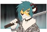  anthro clothed clothing ear_piercing feline fur hair horn katana looking_at_viewer male mammal melee_weapon melloque piercing smile solo sword tiger weapon 