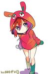  animal_hood bangs bent_over blue_eyes blush boots bottomless bunny_hood closed_mouth eyebrows eyebrows_visible_through_hair green_footwear hair_between_eyes hood hoodie leg_up long_sleeves mittens original red_hair rubber_boots shadow short_hair simple_background solo walking white_background yuzuki_gao 