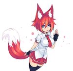  animal_ear_fluff animal_ears black_legwear blue_eyes breasts cowboy_shot fingerless_gloves fox_ears fox_tail gloves highres impossible_clothes impossible_shirt large_breasts looking_at_viewer necktie open_mouth original pleated_skirt red_hair red_neckwear red_skirt salute shirt short_hair simple_background skirt solo sub-res tail thighhighs white_background white_shirt zettai_ryouiki 