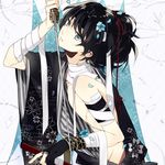  adonis_belt androgynous bandages black_hair blue_eyes branch egasumi gloves holding holding_sword holding_weapon japanese_clothes kimono male_focus noda_(yncoon) partly_fingerless_gloves patterned_background ponytail sheath shinsengumi_mokuhiroku_wasurenagusa solo sword toudou_heisuke_(wasurenagusa) unsheathed upper_body weapon 