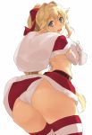  1girl ass back bangs bikini bikini_under_clothes blonde_hair blue_eyes blush breasts capelet elbow_gloves elf fur_trim gloves hair_between_eyes hair_ribbon hips huge_ass kekemotsu long_hair looking_at_viewer looking_back narrow_waist open_mouth original pointy_ears ponytail red_ribbon red_skirt ribbon sack sidelocks simple_background skirt small_breasts smile solo striped striped_legwear swimsuit thighhighs white_background white_bikini white_gloves wide_hips 