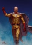  abs artist_name artstation_sample bald boots cape clenched_hand gloves image_sample in-hyuk_lee male_focus muscle one-punch_man realistic red_footwear red_gloves saitama_(one-punch_man) signature solo 