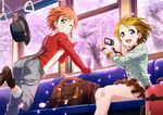  2girlg ass bag blush boots breasts brown_hair camera cherry_blossoms earrings green_eyes grin hat hat_removed hoshizora_rin jewelry koizumi_hanayo leaning leaning_forward looking_at_viewer love_live! love_live!_school_idol_festival love_live!_school_idol_project multiple_girls official_art one_eye_closed open_mouth orange_hair pose purple_eyes short_hair skirt smile solo suspenders v watch wink 