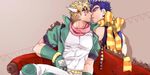  battle_tendency blonde_hair blue_hair bow caesar_anthonio_zeppeli couch green_jacket highres imminent_kiss jacket jojo_no_kimyou_na_bouken joseph_joestar_(young) knee_pads male_focus multiple_boys nayuu scarf scarf_bow yaoi 