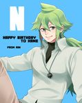  artist_name character_name green_eyes green_hair happy_birthday jewelry long_hair male_focus n_(pokemon) no_hat no_headwear pendant pokemon pokemon_(game) pokemon_bw rin2010 smile solo 