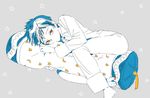  1boy barefoot beauty_mark blue_hair blush child closed_mouth crescent_moon_symbol grey_background hug looking_at_viewer male_focus mole mole_under_eye original pajamas partially_colored pillow pink_nails pout simple_background solo star tmku toenail_polish yellow_eyes 