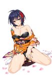  blue_hair breasts brown_eyes covered_nipples fan floral_print flower full_body hair_flower hair_ornament japanese_clothes kimono kouno_yuria kure_masahiro large_breasts looking_at_viewer off_shoulder official_art petals short_hair simple_background sitting smile solo tabi torn_clothes valkyrie_drive valkyrie_drive_-siren- wariza white_background 