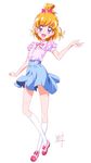  :d asahina_mirai blonde_hair blue_skirt eyebrows eyebrows_visible_through_hair highres looking_at_viewer mahou_girls_precure! nii_manabu open_mouth precure puffy_sleeves purple_eyes short_hair simple_background skirt smile socks solo standing white_background 