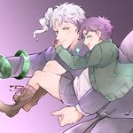  child earrings gakuran hinatong jewelry jojo_no_kimyou_na_bouken joseph_joestar_(young) kakyouin_noriaki multiple_boys purple_hair school_uniform shorts suspenders time_paradox white_hair 