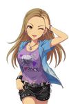  artist_request belt black_shorts brown_eyes brown_hair earrings idolmaster idolmaster_cinderella_girls jewelry long_hair matsunaga_ryou necklace official_art one_eye_closed shorts smile solo transparent_background wristband 