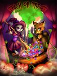  2016 anthro artist-apprentice587 candy canine clothed clothing curtains disney female food fox fruit halloween hat holidays judy_hopps lagomorph magic_user mammal nick_wilde potion pumpkin rabbit smoke teeth text vampire vines witch zootopia 