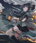  :o absurdres aircraft airplane black_hair braid commentary_request gun highres kantai_collection kitakami_(kantai_collection) long_hair machinery night parted_lips pleated_skirt sketch skirt solo standing standing_on_liquid sy-l-via v-shaped_eyebrows weapon 