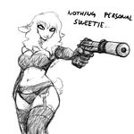  anthro black_and_white boss_lamb_(hladilnik) breasts caprine clothing dialogue elbow_gloves english_text female gloves gun hair hladilnik humor legwear lingerie mammal monochrome ranged_weapon sheep silencer smile solo stockings text weapon 