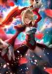  :d aestus_estus ahoge armored_boots ass_visible_through_thighs blonde_hair boots breasts epaulettes fate/extra fate_(series) green_eyes hair_intakes highres medium_breasts nero_claudius_(fate) nero_claudius_(fate)_(all) open_mouth panties petals see-through smile solo standing standing_on_one_leg suishougensou sword underwear weapon wide_sleeves 