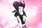  2015 abstract_background animal_humanoid black_hair breasts caprine clothing curled_horns dialogue english_text female gloves glowing glowing_eyes hair hair_bun half-length_portrait humanoid long_hair maid_uniform mammal pink_eyes portrait sheep sheep_humanoid smile solo sticky_(character) stickysheep subtitled text uniform 